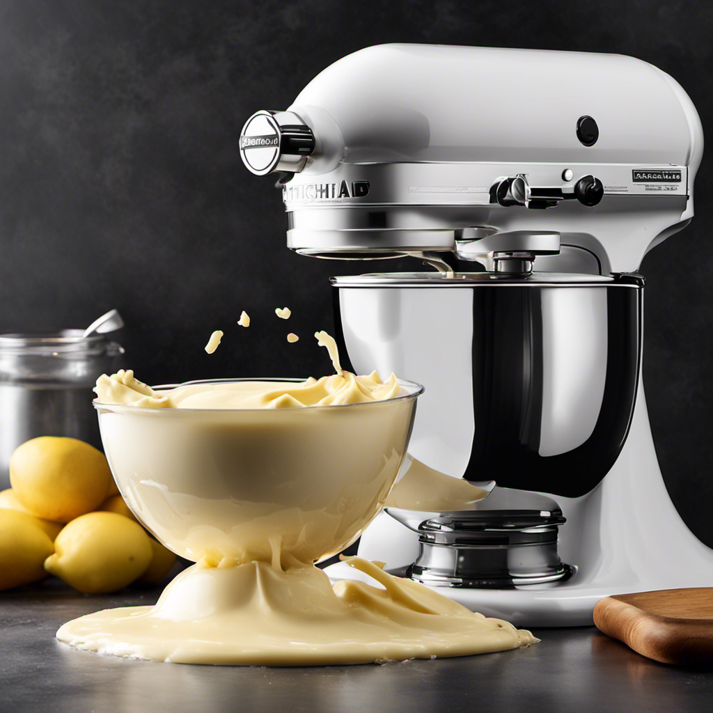 An image showcasing a KitchenAid mixer filled with thick, creamy heavy cream slowly transforming into luscious butter