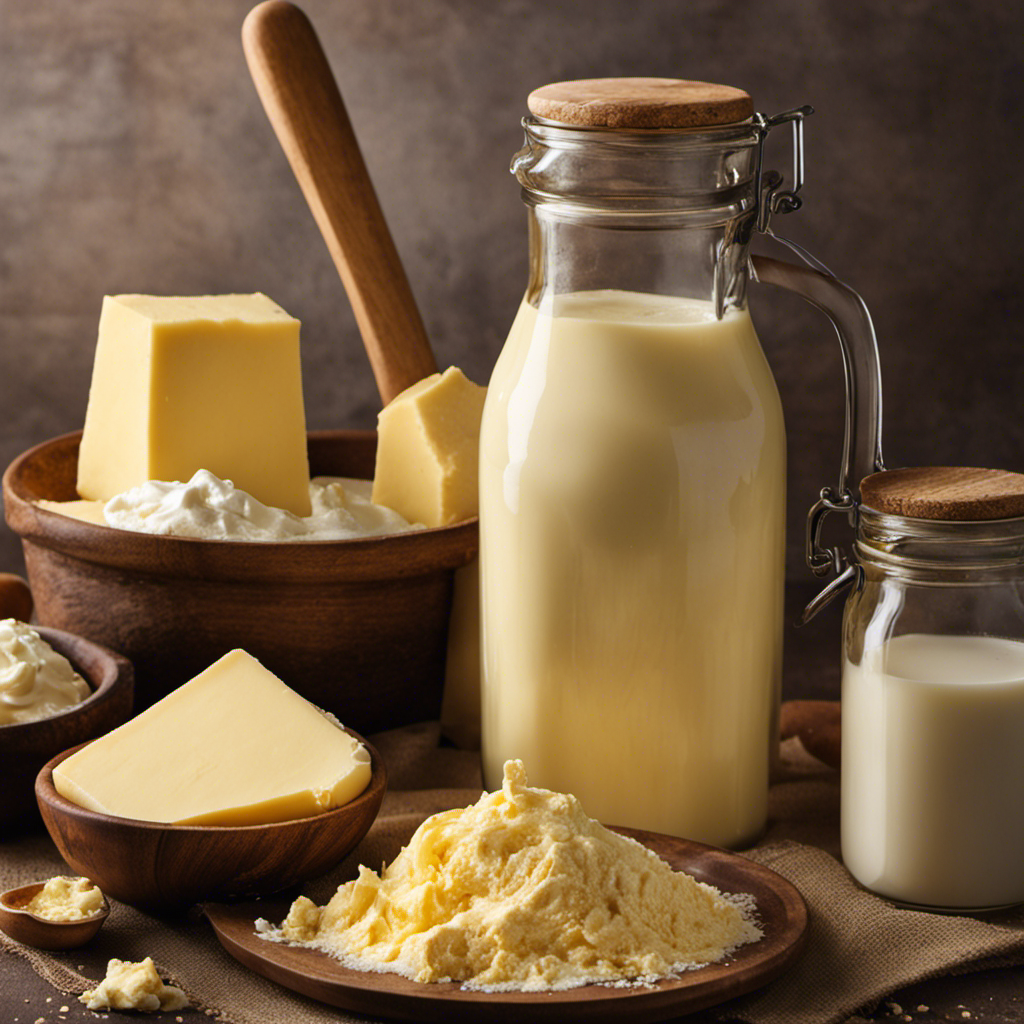 An image showcasing the step-by-step process of making butter from milk: a glass jar filled with fresh milk, a hand vigorously churning the milk, white globules forming, and finally, a golden mound of homemade butter