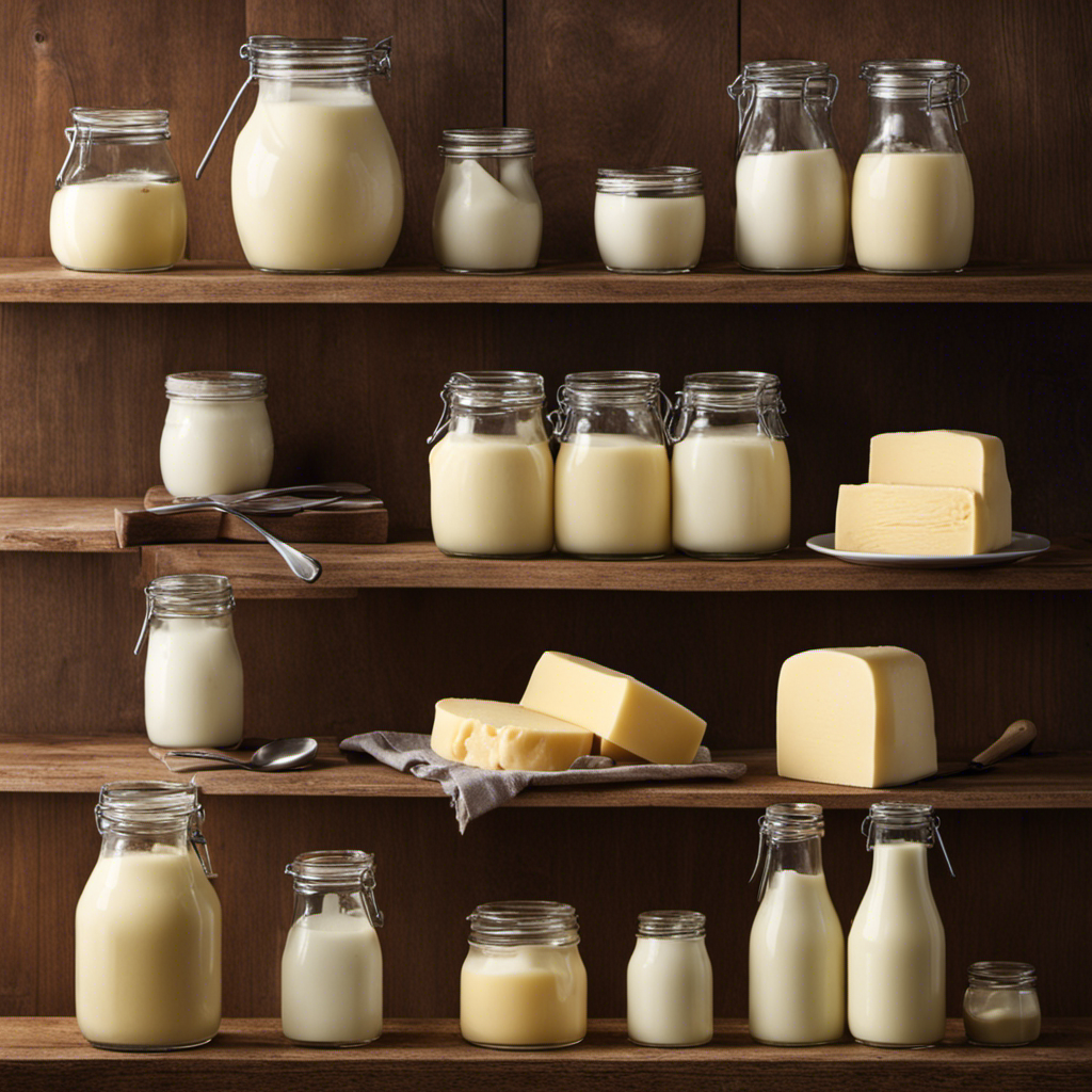 An image showcasing the step-by-step process of making butter from pasteurized milk: a glass jar filled with creamy milk, shaking motion blurred hands, milk separating into butter and buttermilk, and finally, a lump of freshly churned butter