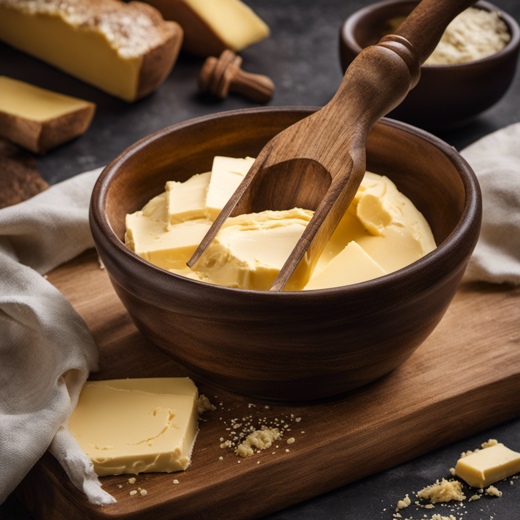 An image capturing the step-by-step process of making butter from whey: a bowl of pale yellow liquid, butterfat separating, forming a creamy layer, and finally, a golden block of homemade butter