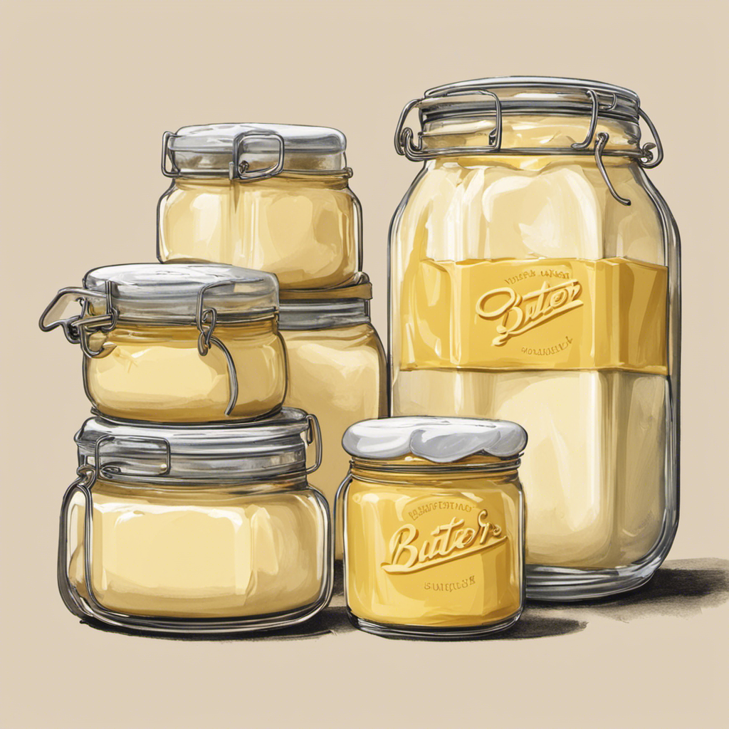 An image showcasing the process of making butter from whipping cream: a glass jar filled with creamy liquid, a hand vigorously shaking it, and then separating the solid butter and liquid buttermilk