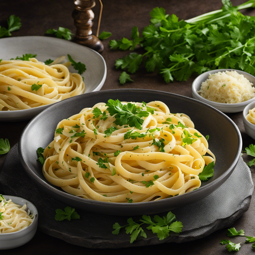 An image of a steaming plate of al dente pasta twirled with a rich, golden butter garlic sauce