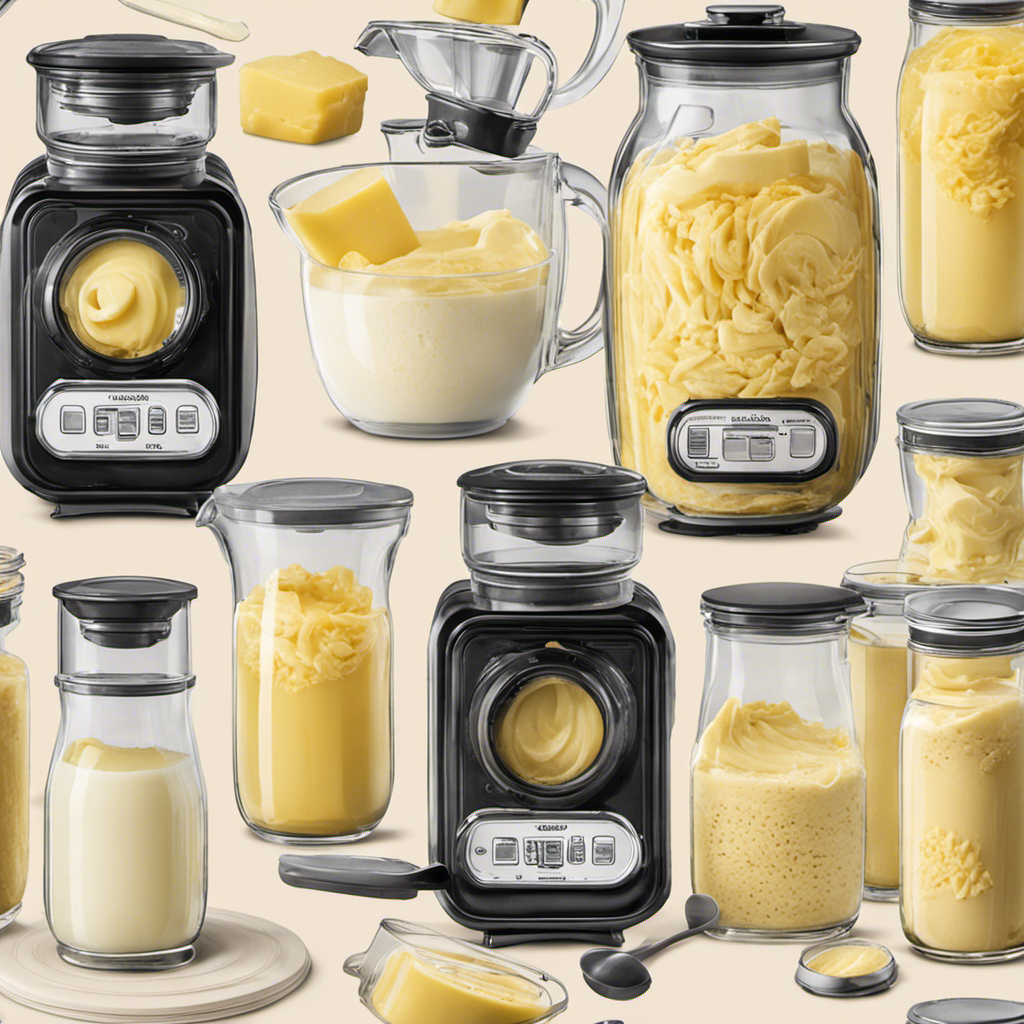 An image capturing the step-by-step process of making butter in a blender: pouring fresh cream into a glass blender jar, blending until creamy, straining the butter, and squeezing out excess liquid