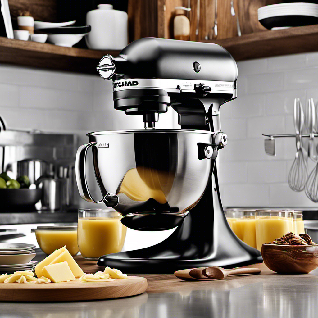 An image showcasing a Kitchenaid stand mixer, a stainless steel bowl filled with heavy cream, and the whisk attachment