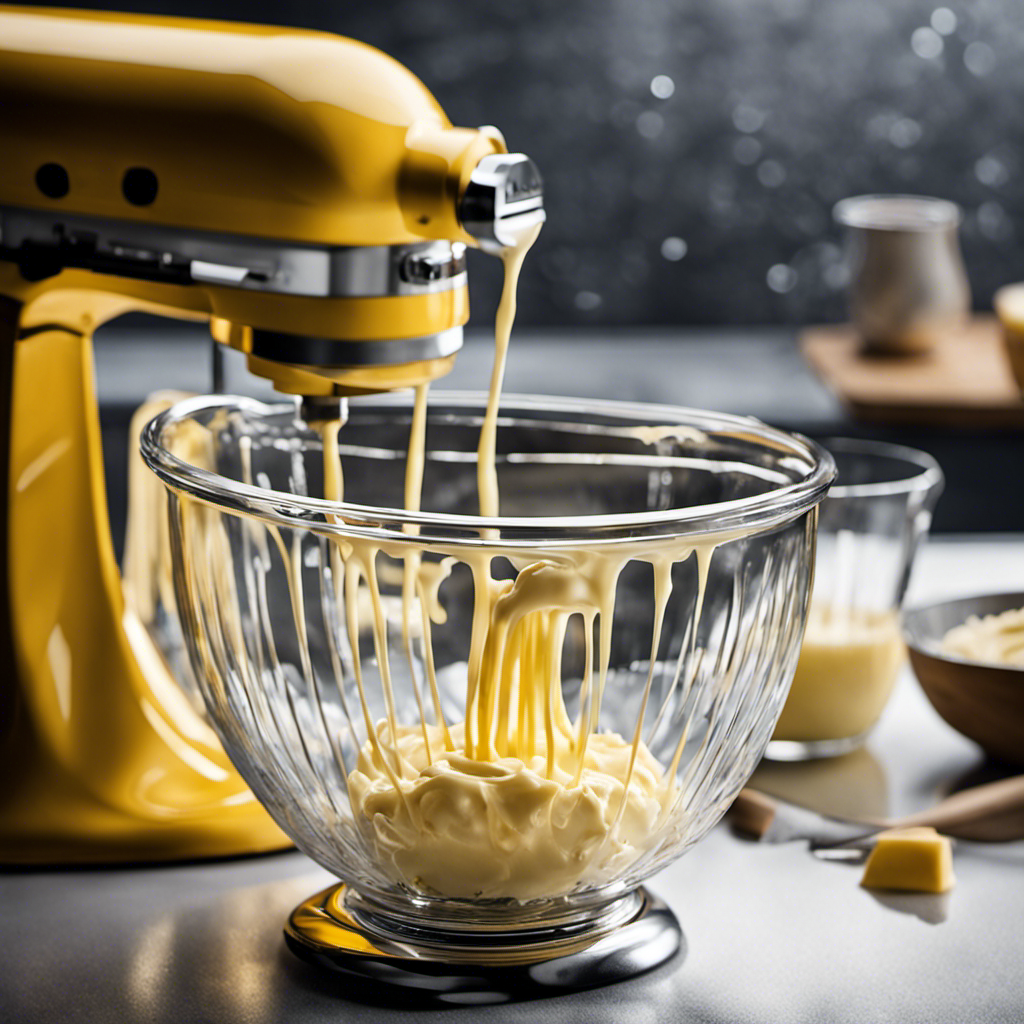 -up image capturing a clear glass mixing bowl filled with thick, creamy liquid, as the whisk attachment of a stand mixer vigorously whips it, causing tiny droplets of butter to form and separate from the buttermilk
