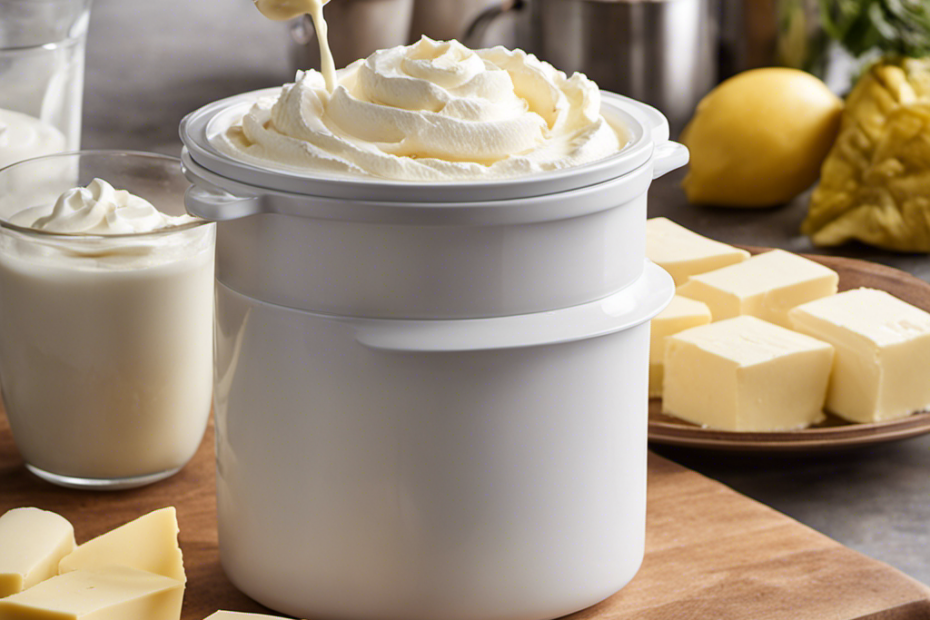 An image showcasing the step-by-step process of making butter in a Pampered Chef Whipped Cream Maker: pouring cream into the container, attaching the lid, pumping vigorously, and finally separating the butter from buttermilk