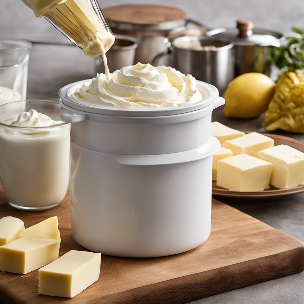 An image showcasing the step-by-step process of making butter in a Pampered Chef Whipped Cream Maker: pouring cream into the container, attaching the lid, pumping vigorously, and finally separating the butter from buttermilk
