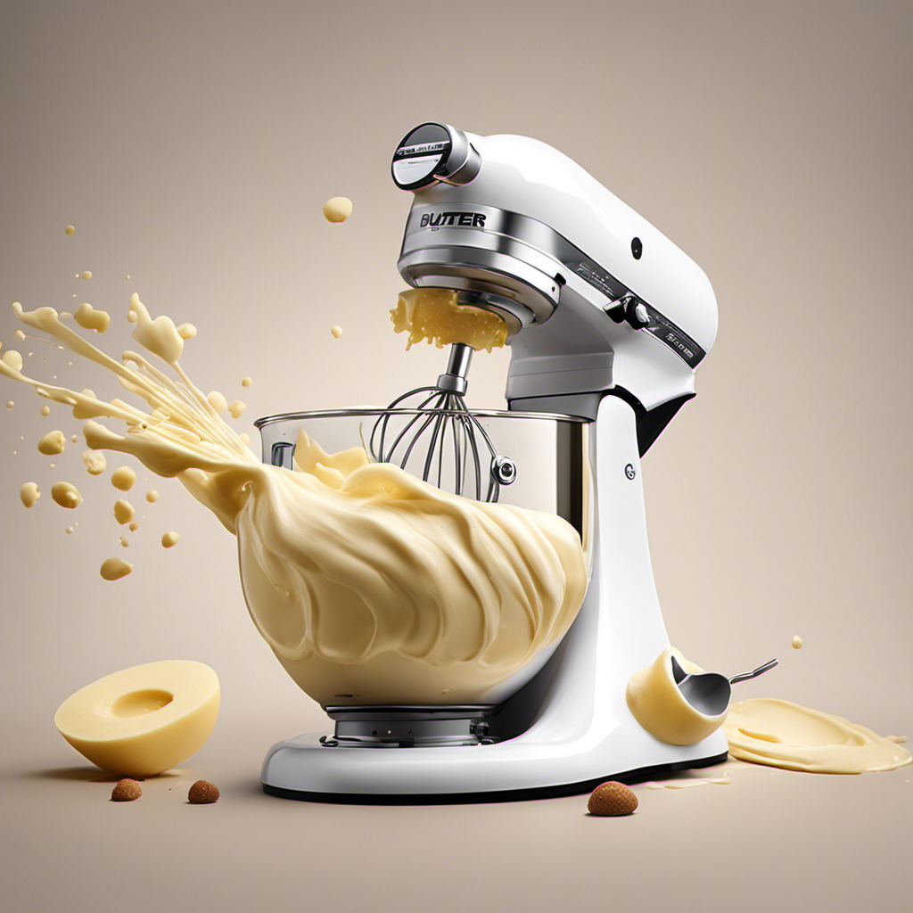 An image capturing the process of making butter in a stand mixer: a creamy white mixture of freshly churned butter and buttermilk separating, with droplets splattering against the sides, while the mixer's paddle whisks rapidly