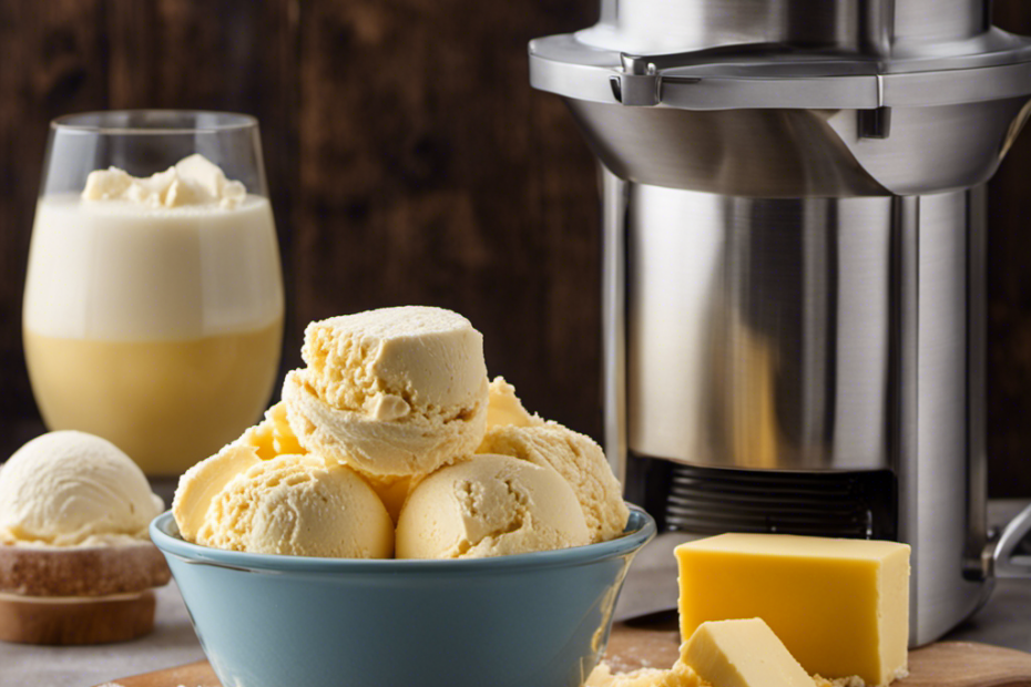 An image showcasing the step-by-step process of making butter in an ice cream maker: a churned cream mixture forming into solid clumps, followed by separating the butter from the buttermilk, and finally shaping the smooth, golden butter