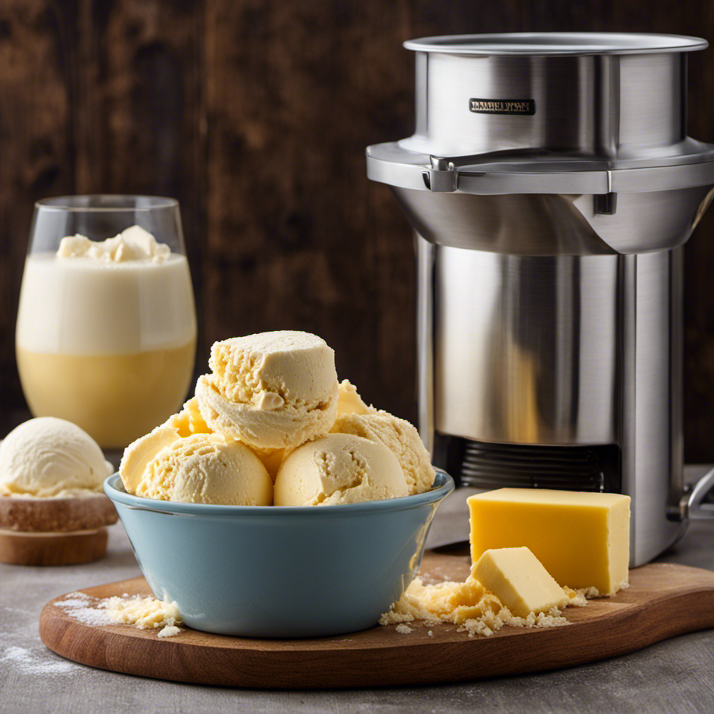 An image showcasing the step-by-step process of making butter in an ice cream maker: a churned cream mixture forming into solid clumps, followed by separating the butter from the buttermilk, and finally shaping the smooth, golden butter