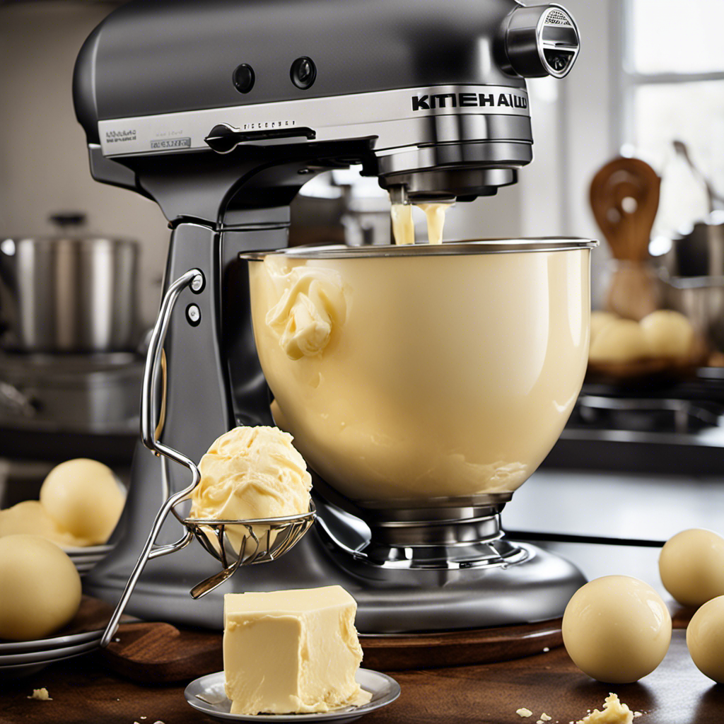 An image showcasing the step-by-step process of making butter in a Kitchenaid mixer: a bowl filled with heavy cream, the mixer whisking the cream, the separation of butter and buttermilk, and the final butter forming a golden ball