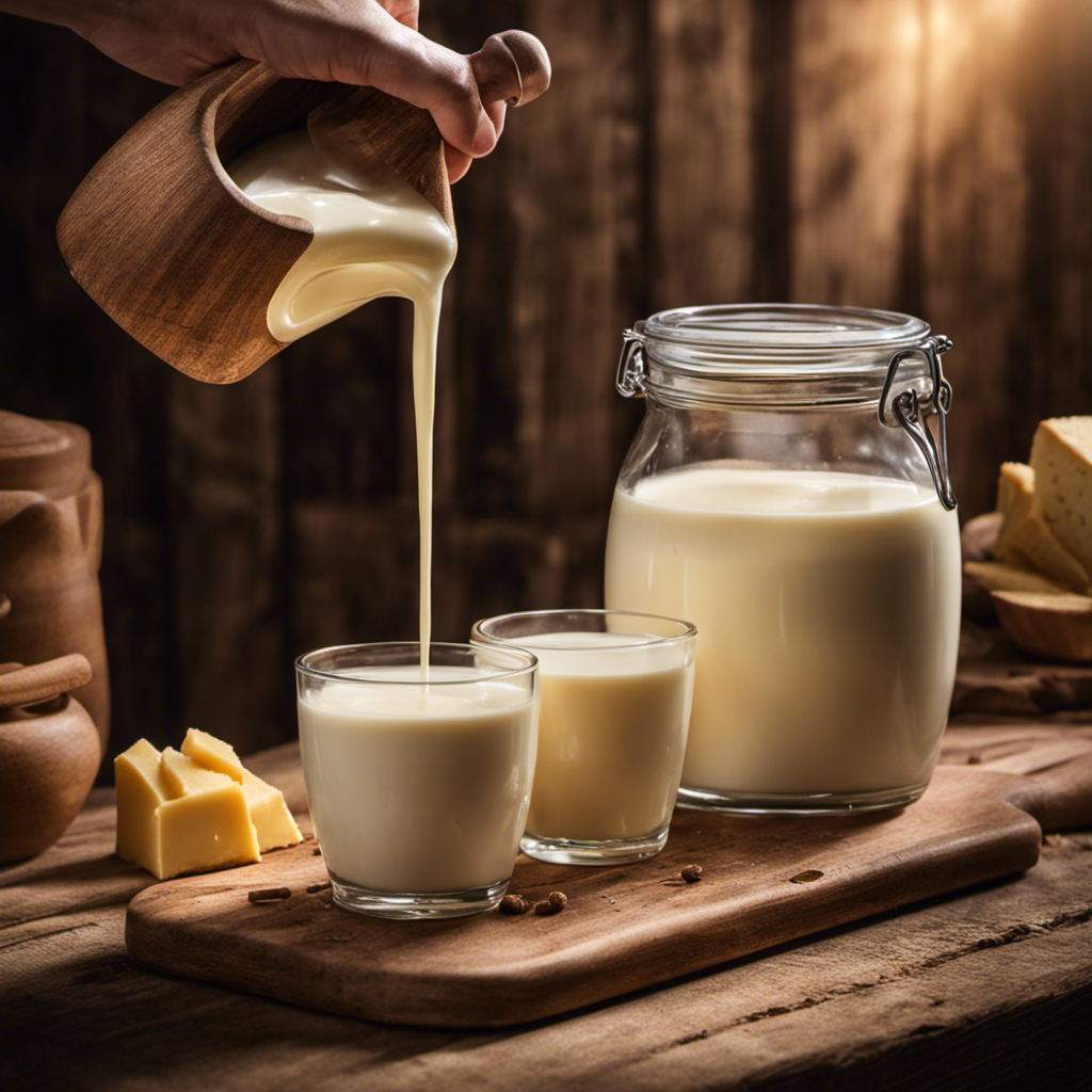 An image showcasing a glass jar filled with fresh milk being poured into a wooden churner