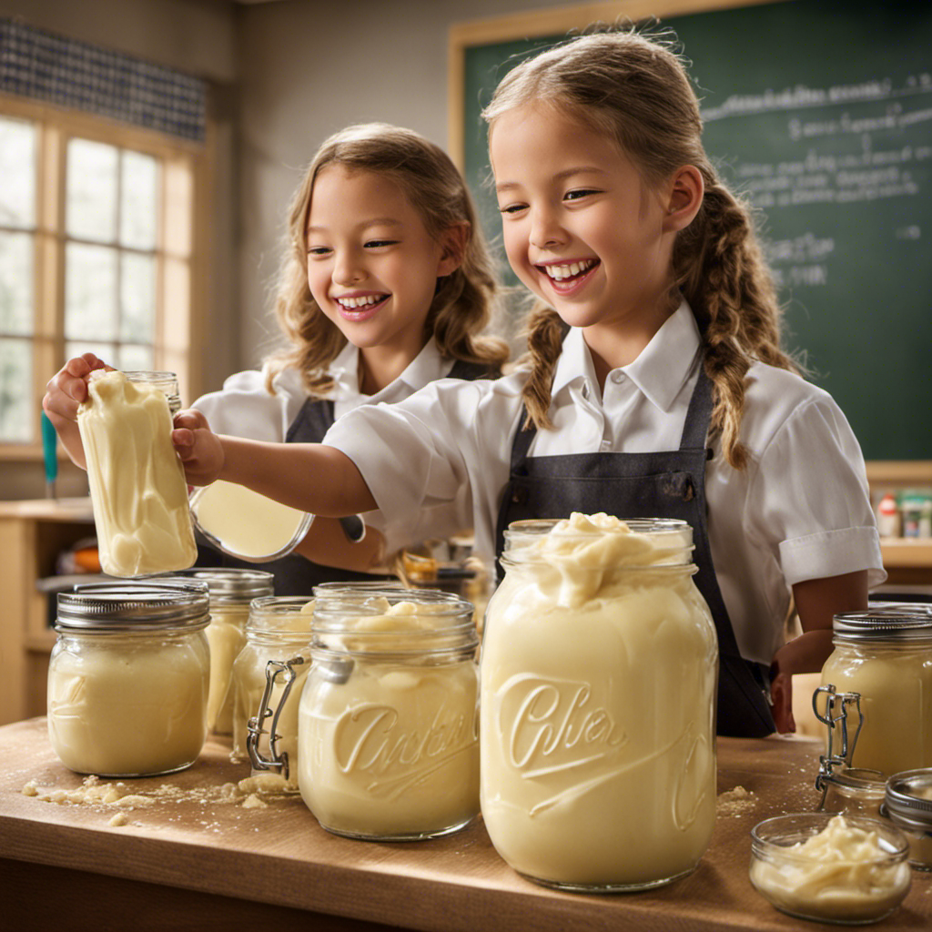 An image capturing the excitement in a classroom as students vigorously shake mason jars filled with cream, showcasing the process of making butter
