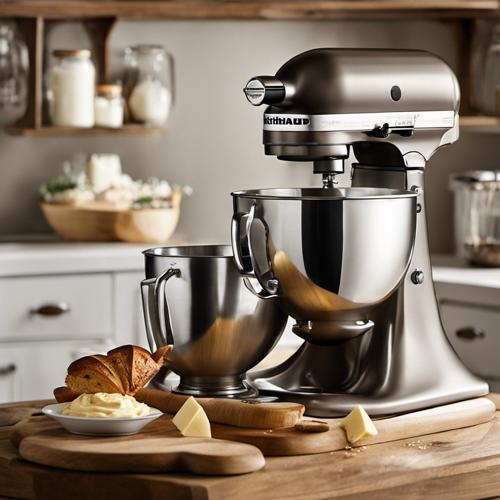 An image showcasing a Kitchenaid mixer surrounded by fresh, creamy milk in a stainless steel bowl, whipped to perfection