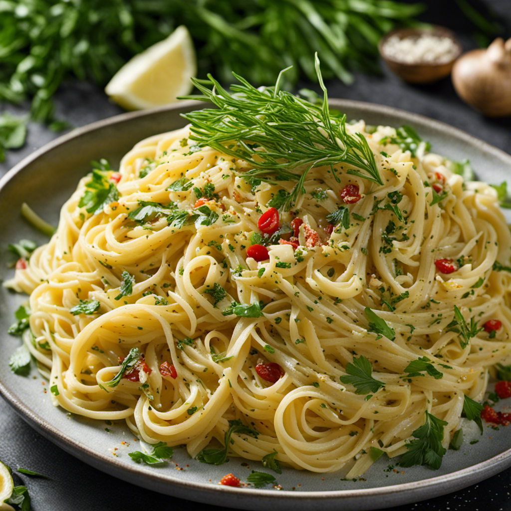 An image showcasing a steaming plate of buttery noodles, artfully garnished with vibrant green herbs, crushed red pepper flakes, and a sprinkle of grated Parmesan cheese, inviting readers to discover inventive ways to elevate this classic dish