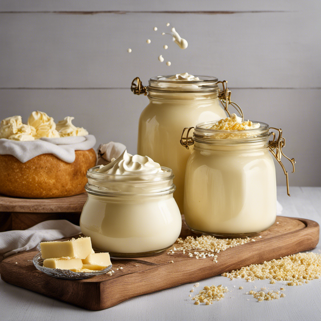 An image showcasing the magical transformation of creamy white heavy whipping cream into golden butter: A glass jar filled with thick cream, a wooden churn, and golden globules forming inside as the cream churns
