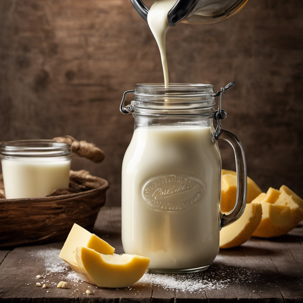 An image of a glass jar filled with fresh, creamy milk being poured into a vintage butter churn