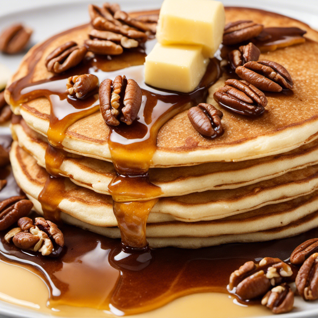 An image showcasing a golden-brown syrup cascading slowly over a stack of fluffy pancakes
