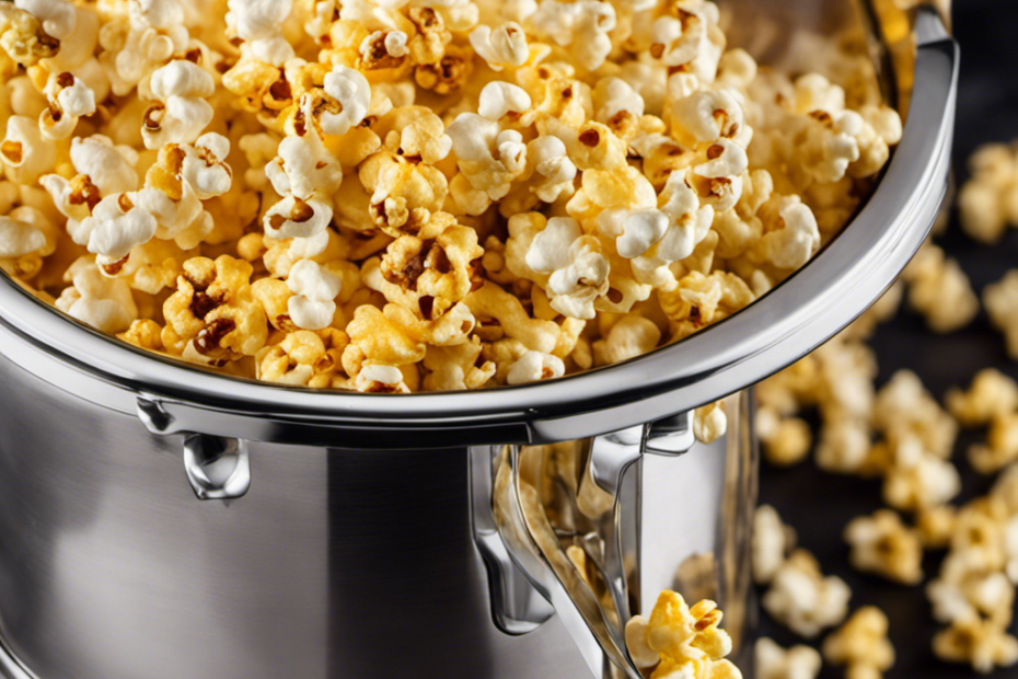 -up shot of a shiny, stainless steel popcorn maker overflowing with fluffy popcorn