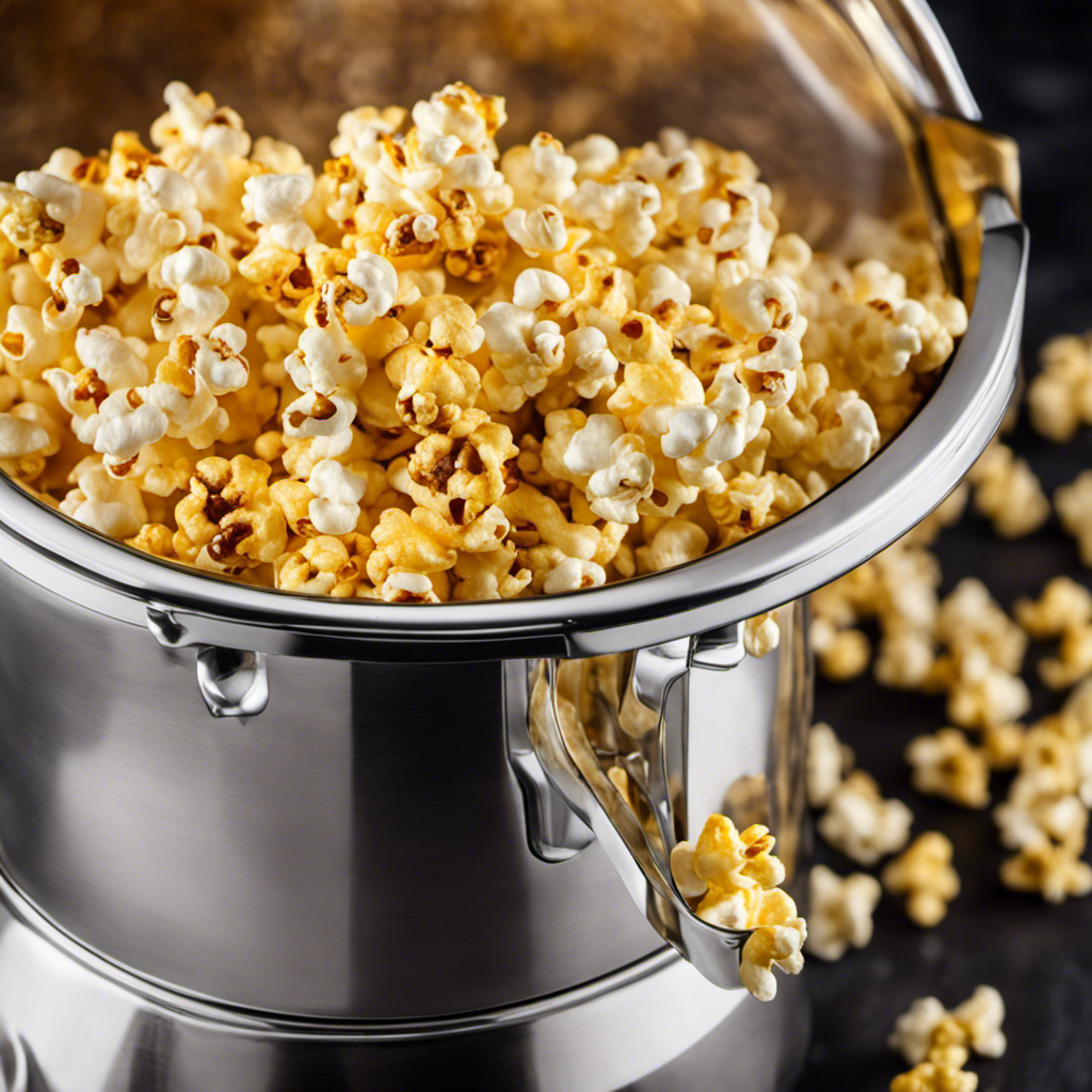 -up shot of a shiny, stainless steel popcorn maker overflowing with fluffy popcorn