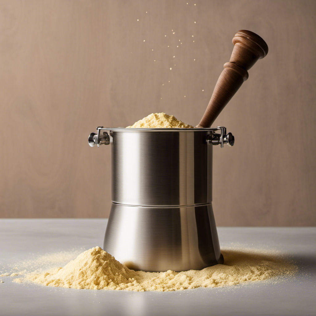 An image depicting the step-by-step process of making butter powder: a churner filled with creamy butter, transforming into fine powder particles, captured in a container, ready to be sprinkled on delicacies