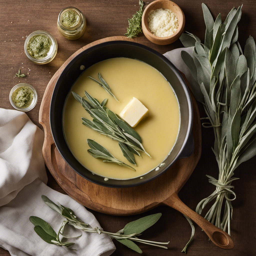 An image showcasing the process of making butter sage sauce: a golden pan with melted butter, aromatic sage leaves sizzling, and a wooden spoon gently stirring the fragrant mixture