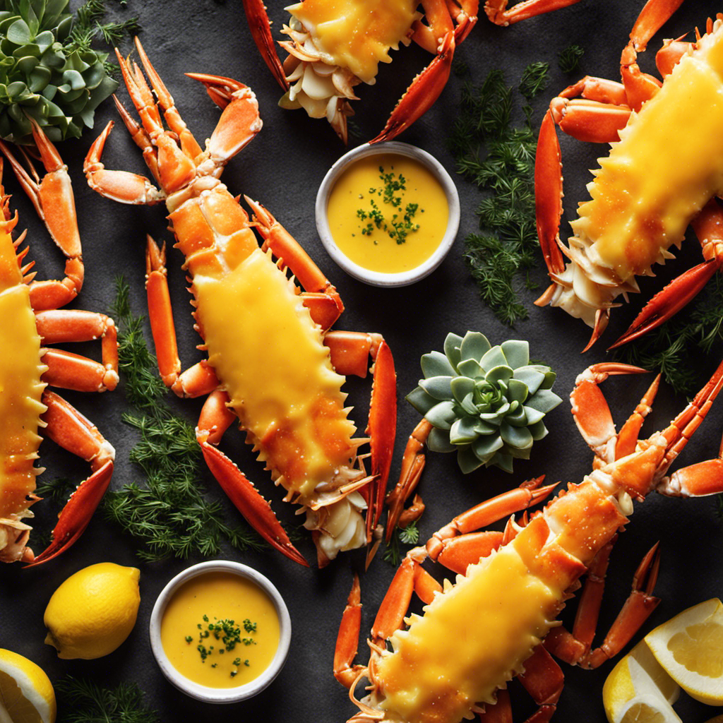 An image showcasing a luscious golden-yellow butter sauce, gently cascading over succulent crab legs