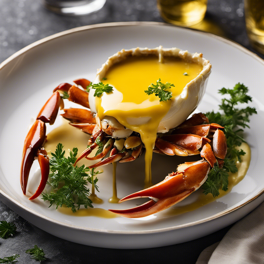 An image showcasing a golden, velvety butter sauce gently cascading over succulent crab claws