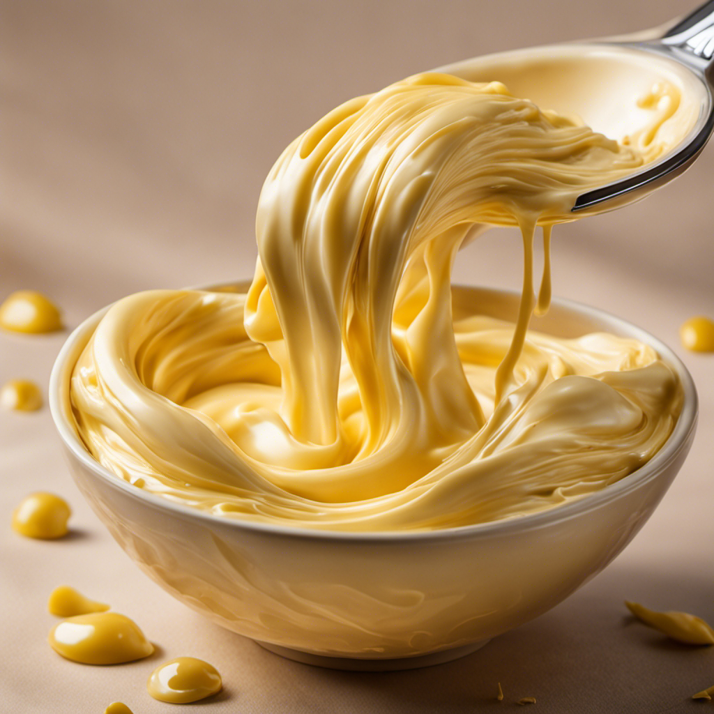 An image showcasing a bowl filled with a creamy, golden-hued butter slime, perfectly stretched and twisted between two hands, capturing its smooth and glossy texture