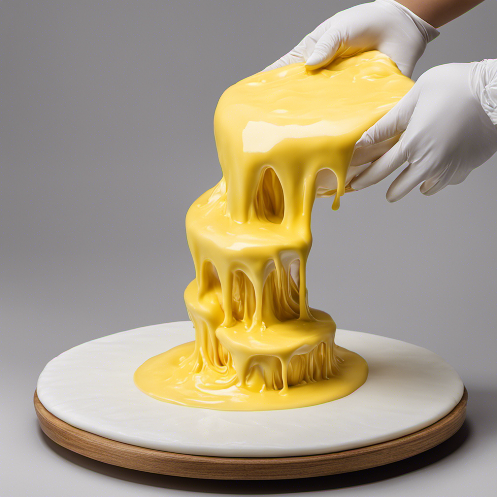 An image capturing a pair of hands gently kneading a luscious mound of butter slime, its smooth and stretchy texture returning as it transforms from a stiff blob to a soft, pliable masterpiece