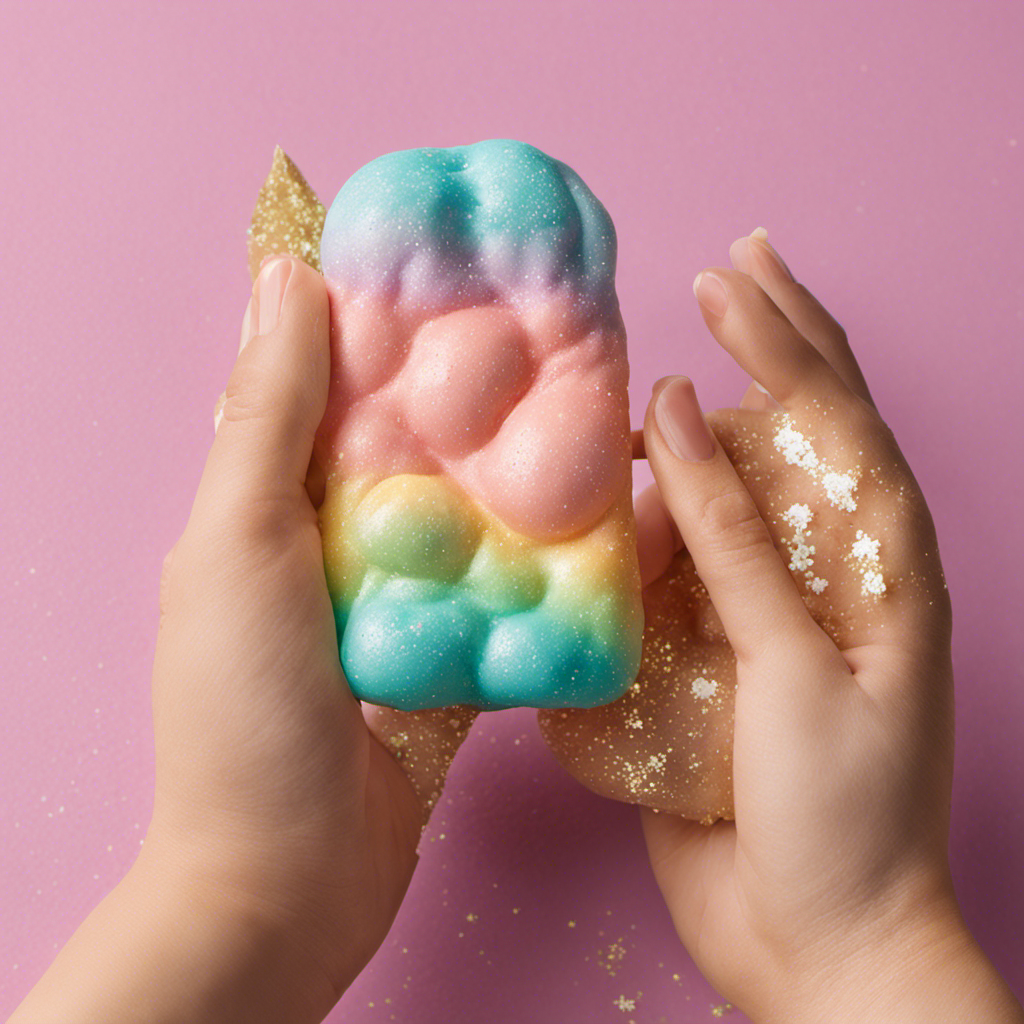 An image showcasing a pair of hands playfully kneading soft, pastel-colored clay with glistening specks of glitter, seamlessly blending it into a luscious, buttery slime that oozes between the fingers
