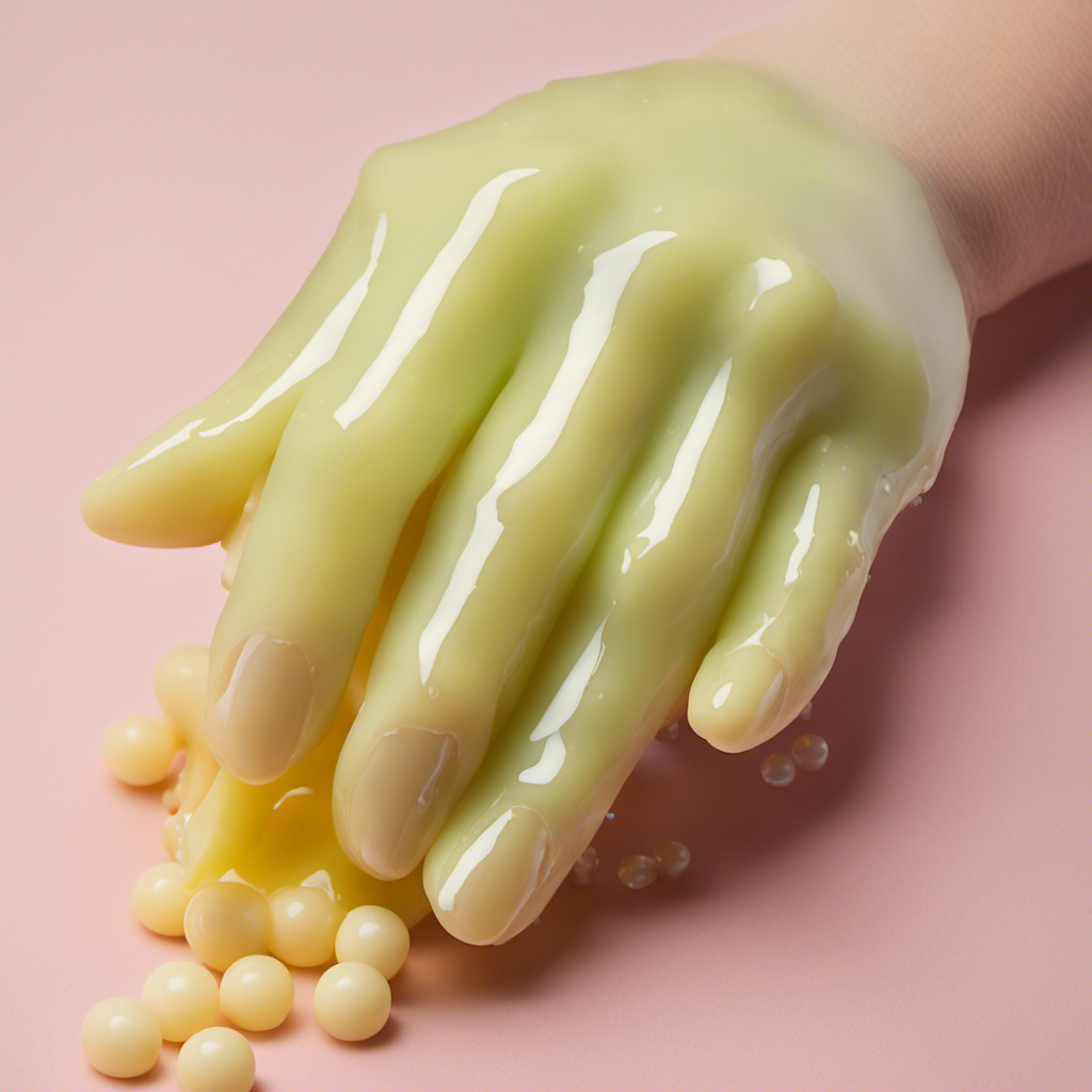 An image showcasing a pair of hands gently kneading a soft, pastel-colored butter slime, with small translucent beads and a glossy texture, while tiny droplets of slime ooze between the fingers