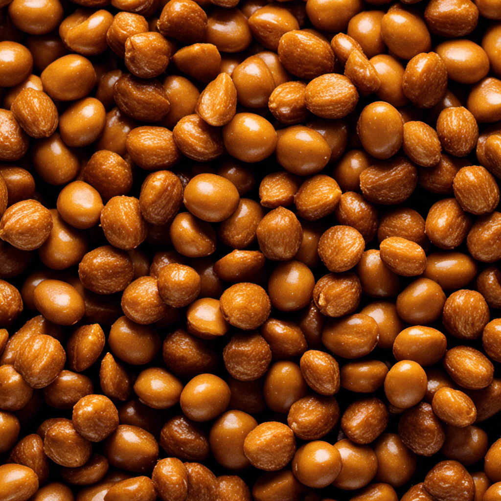An image showcasing a golden-brown batch of butter toffee peanuts, their glossy coating shimmering under warm light