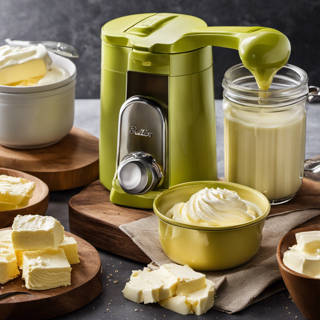 An image showcasing the step-by-step process of making butter using a whipped cream maker: pouring fresh cream into the canister, attaching the lid, shaking vigorously, until creamy texture separates into butter and buttermilk