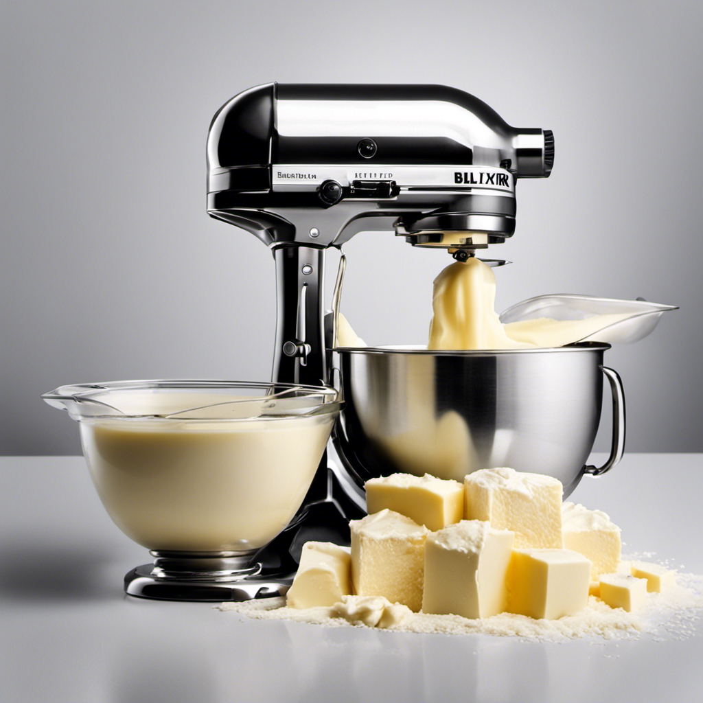 An image showcasing the process of making butter with a mixer: A handheld mixer whirs as cream is poured into a stainless steel mixing bowl, while droplets of butter start forming and separating from the buttermilk