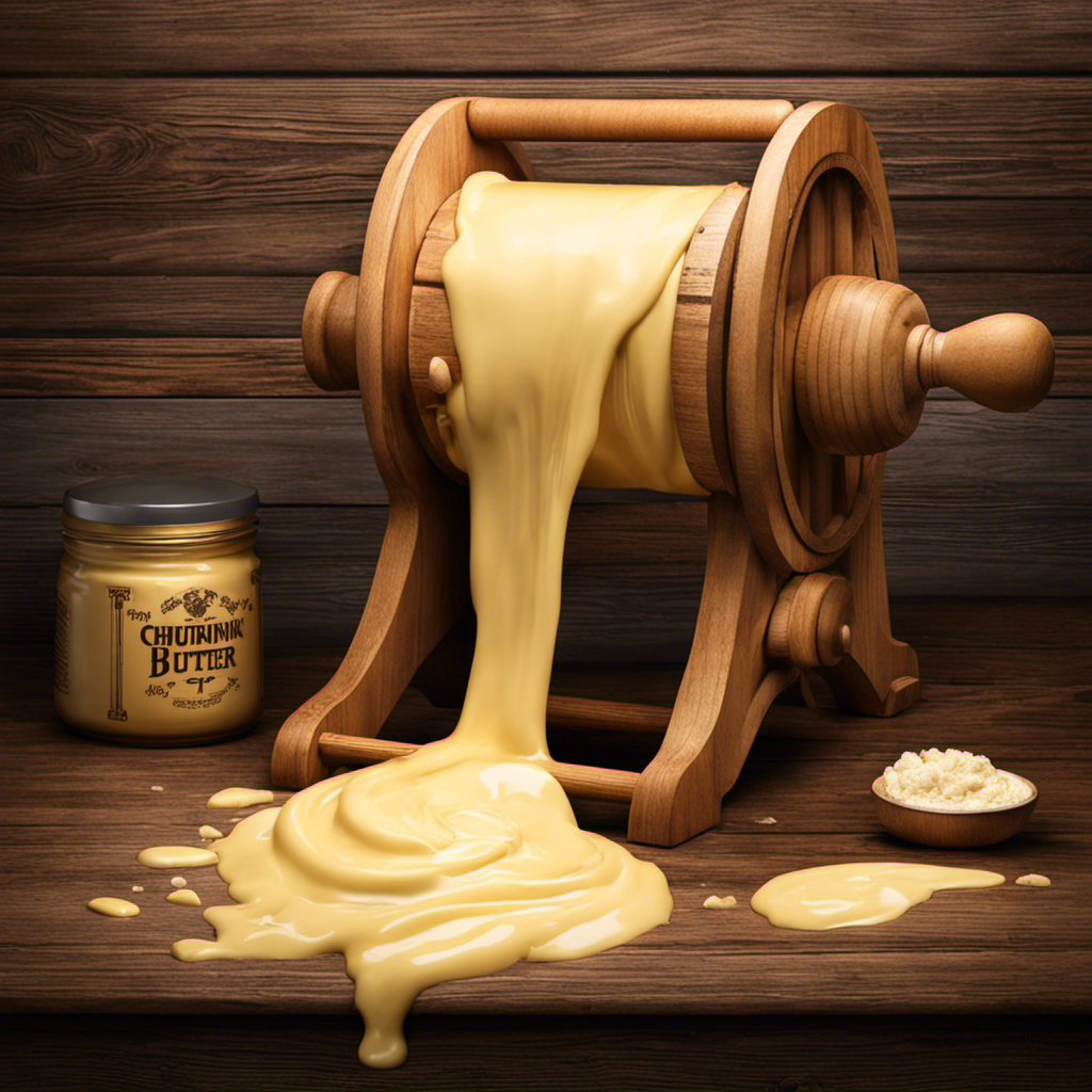 An image capturing the process of churning butter using buttermilk: a vintage wooden churn with a hand crank, creamy buttermilk swirling inside, golden butter forming, and droplets of water splashing