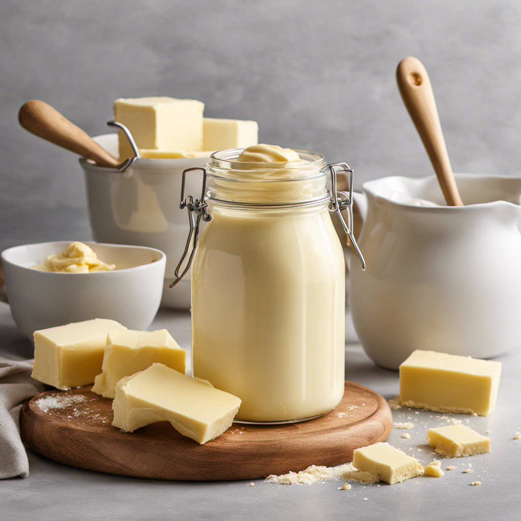 An image capturing the step-by-step process of making butter with milk: a glass jar filled with fresh milk, vigorous shaking, creamy solid forming, liquid separating, and golden butter being scooped out