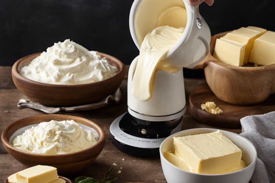 An image showcasing the step-by-step process of making butter with the Pampered Chef Whip Cream Maker – from pouring heavy cream into the maker, to cranking the handle, to the final creamy butter result