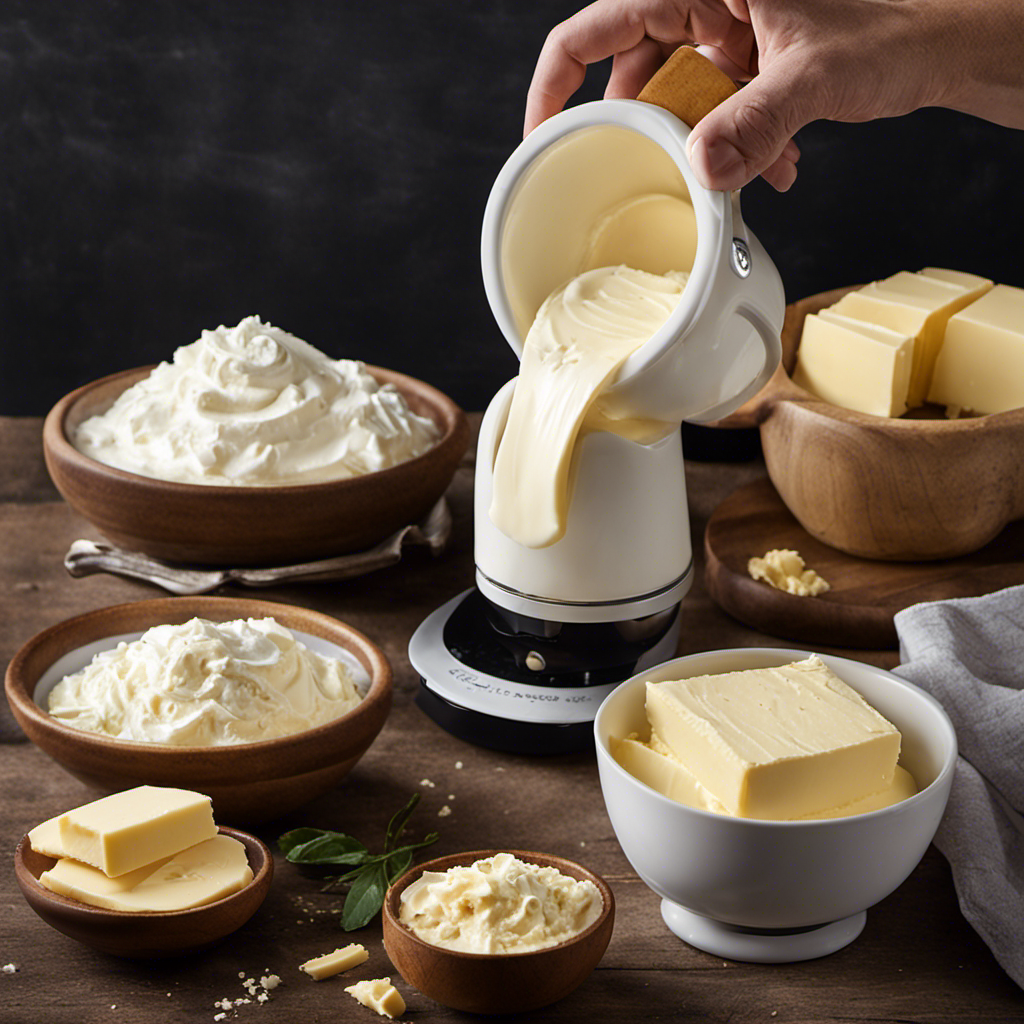 An image showcasing the step-by-step process of making butter with the Pampered Chef Whip Cream Maker – from pouring heavy cream into the maker, to cranking the handle, to the final creamy butter result