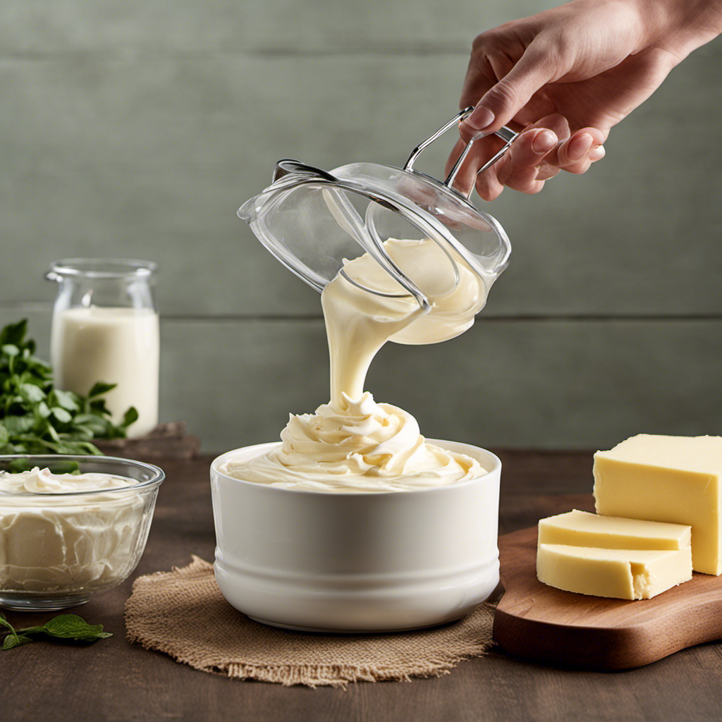 An image showcasing the step-by-step process of making butter with the Pampered Chef Whipped Cream Maker: pouring fresh cream into the container, pumping the handle rhythmically, and transforming the cream into beautifully churned butter