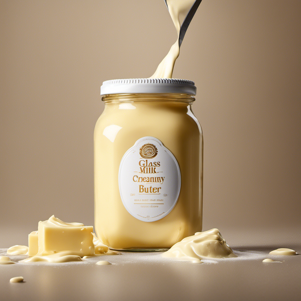A captivating image showcasing the process of making butter with whole milk: A glass jar filled with creamy, white milk is vigorously shaken until a golden lump of butter emerges, surrounded by splashes of liquid