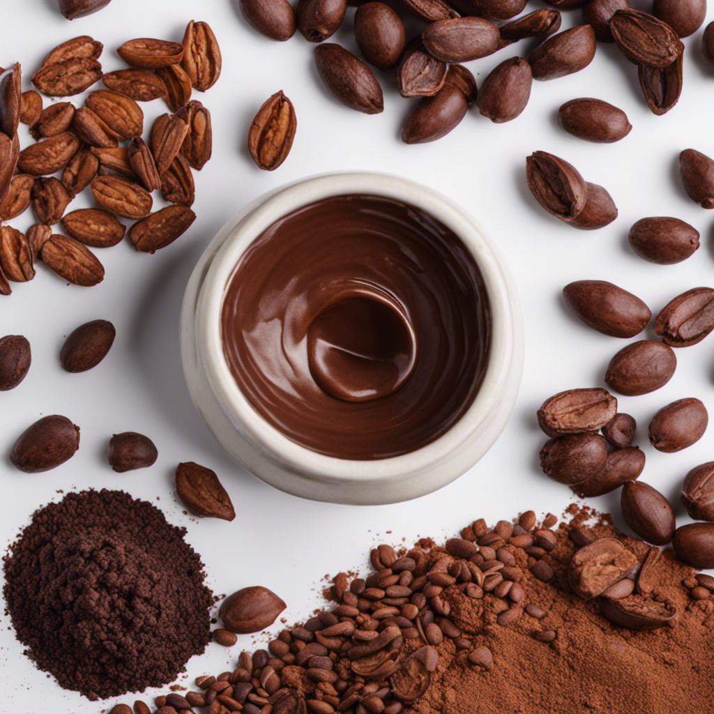 An image featuring a close-up shot of a mortar and pestle grinding roasted cacao beans into a smooth, glossy paste