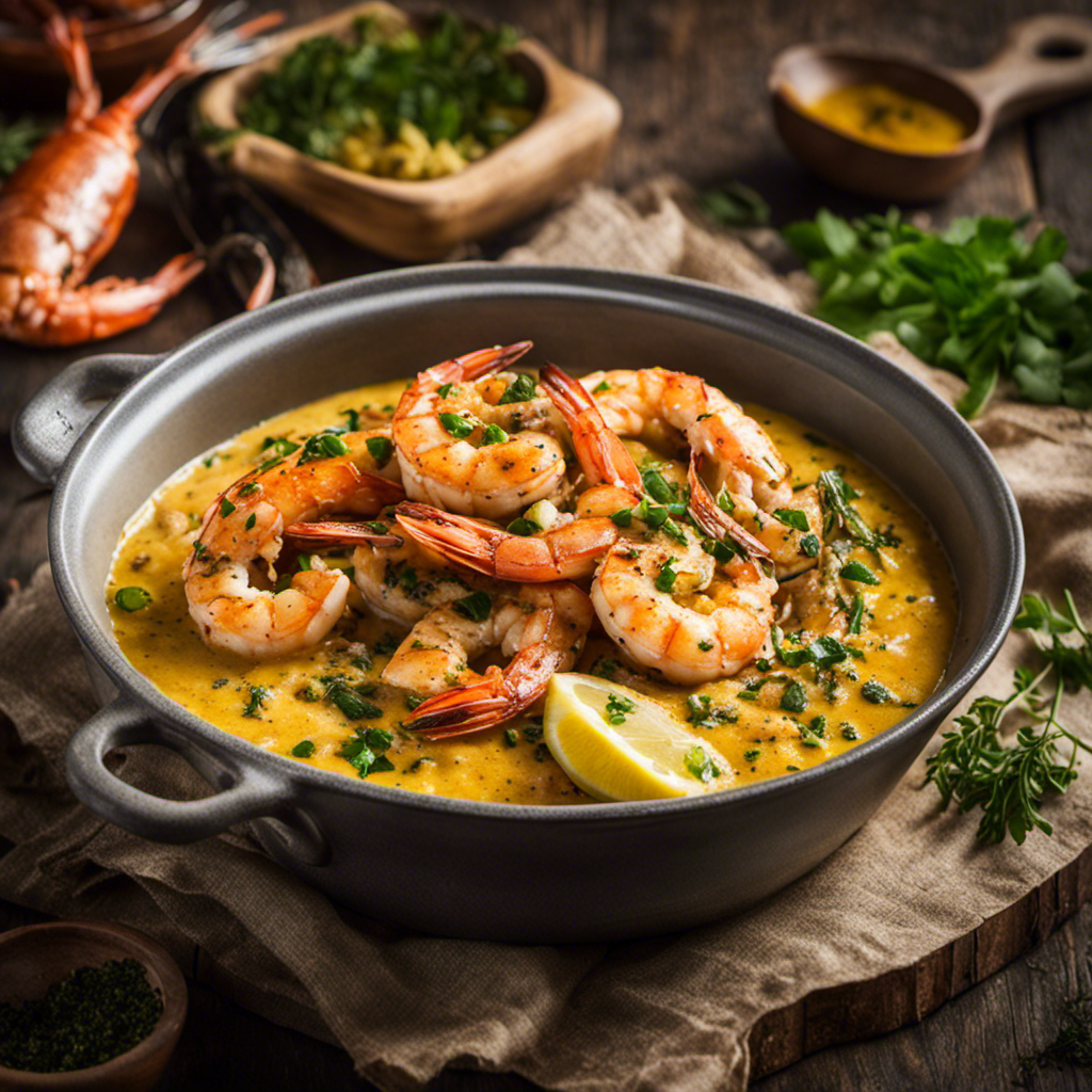 An image capturing the essence of making Cajun butter sauce for seafood: A simmering skillet, teeming with a rich blend of melted butter, aromatic garlic, fiery spices, and vibrant herbs, enveloping succulent shrimp and flaky fish in a mouthwatering embrace