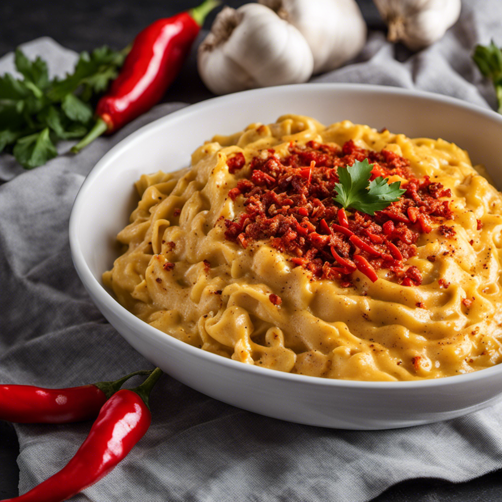An image showcasing the journey of crafting Cajun Butter: vibrant red cayenne peppers and aromatic garlic cloves crushed together, while creamy butter melts, intertwining with the spicy mixture in a sizzling skillet