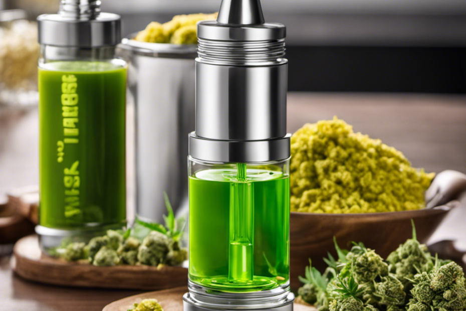 An image showcasing a Magic Butter Maker, with cannabis buds, vegetable glycerin, and a dropper bottle