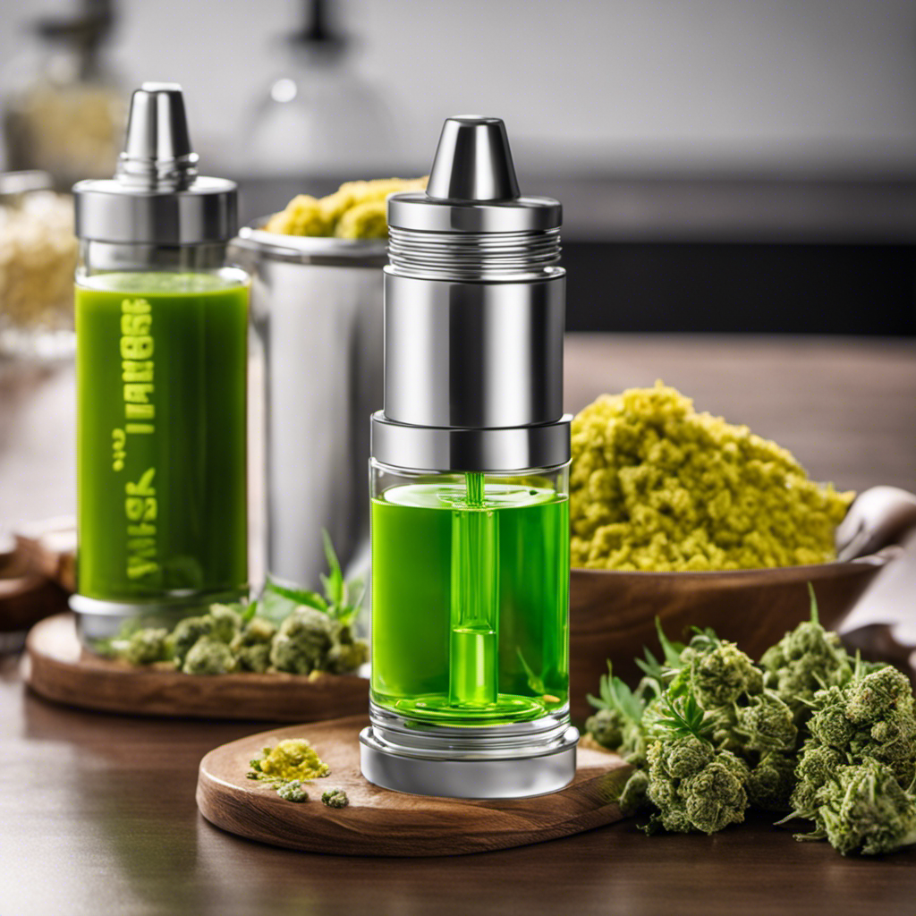 An image showcasing a Magic Butter Maker, with cannabis buds, vegetable glycerin, and a dropper bottle