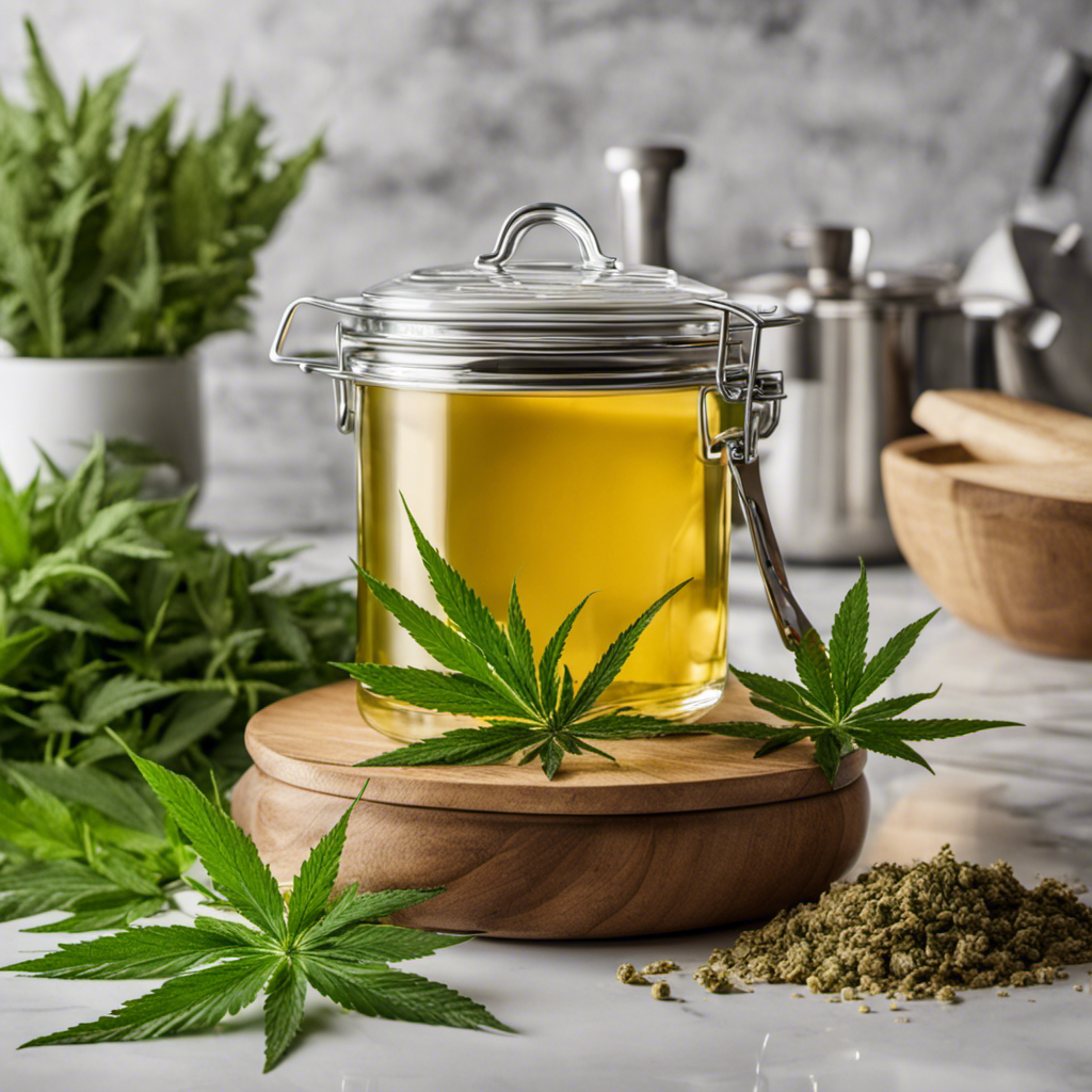 An image of a pristine kitchen counter adorned with a stainless steel double boiler, a jar of CBD-infused butter melting slowly, and a bouquet of fresh hemp leaves nearby