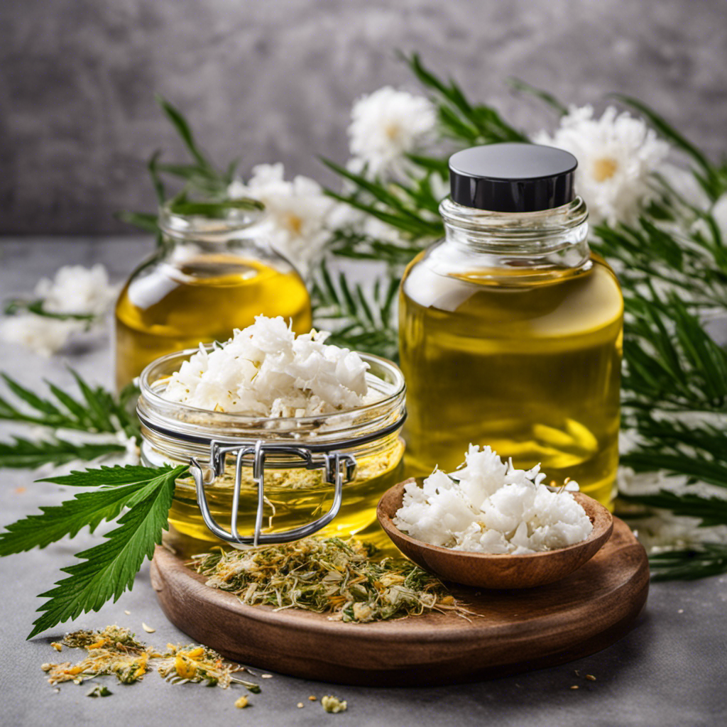 An image showcasing the step-by-step process of infusing CBD oil with coconut oil using a Magic Butter Maker: a jar of coconut oil, dried CBD flowers, the Magic Butter Maker, and a beautifully infused oil bottle