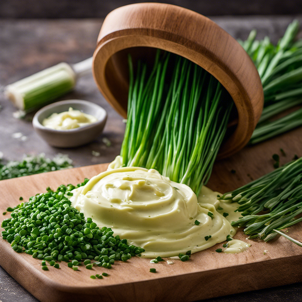 An image capturing the process of making chive butter: a vibrant green bunch of fresh chives being finely chopped, blended with creamy butter, and formed into a smooth, herb-infused mixture