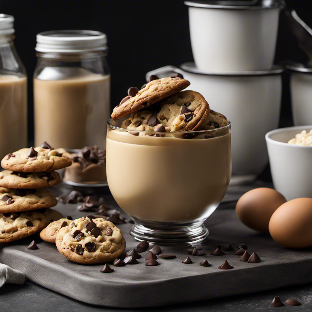 An image showcasing a kitchen countertop with a mixing bowl filled with creamy chocolate chip cookie dough